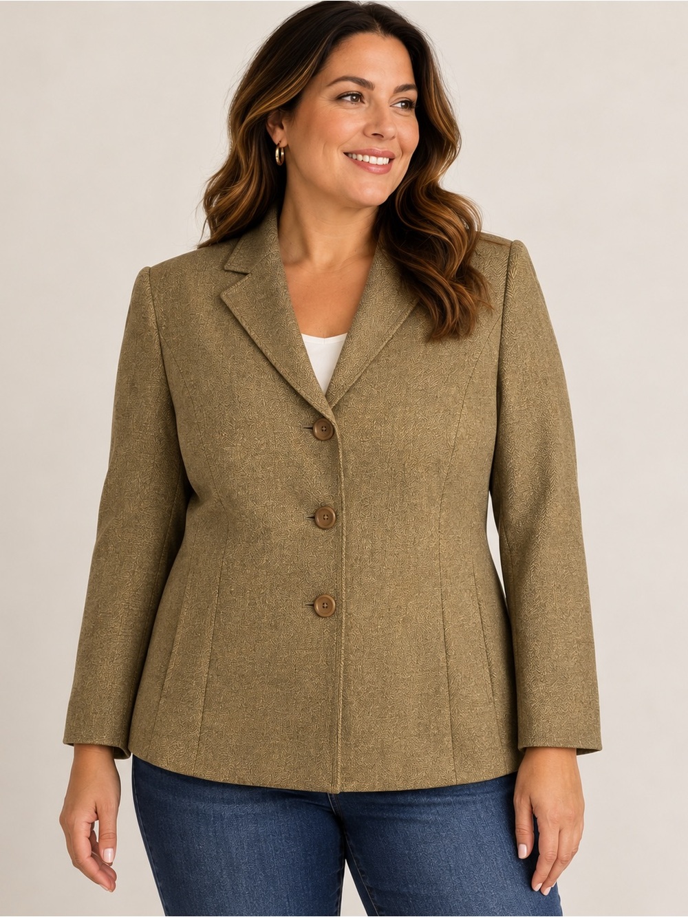 Le Suit Herringbone Blazer Tan Olive Heritage Equestrian Academia Plus Size 18